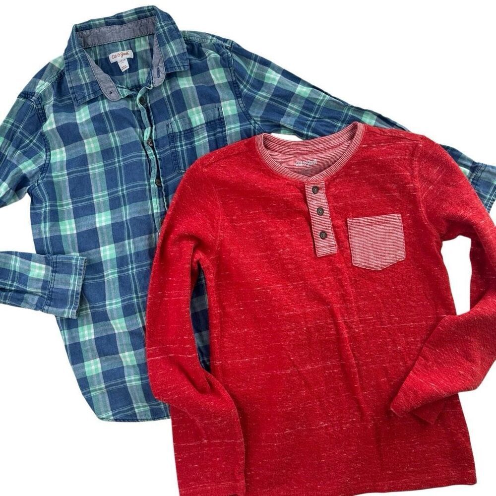 Lot of 2 Cat & Jack Youth Boy Size Large Shirt Pullover 12/14 Plaid Long Sleeve